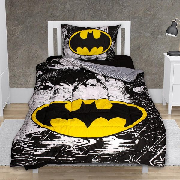 Super Hero- Gotham-Batman-Printed-Quilted-AC Comfoter-Bedsheet-Pillowcase-Single BedSet